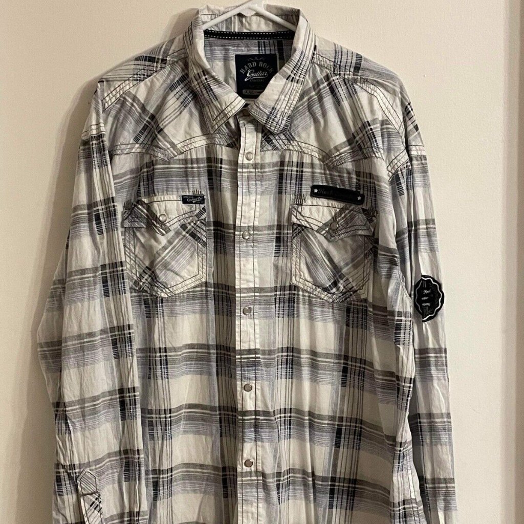 Hard Rock Guitar Company Gray Plaid Pearl Snap Western Rockability Shirt Sz Xxl